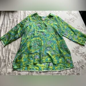 Gretchen Scott Designs Green Paisley Silk Tunic Top XL Boho Casual Lightweight